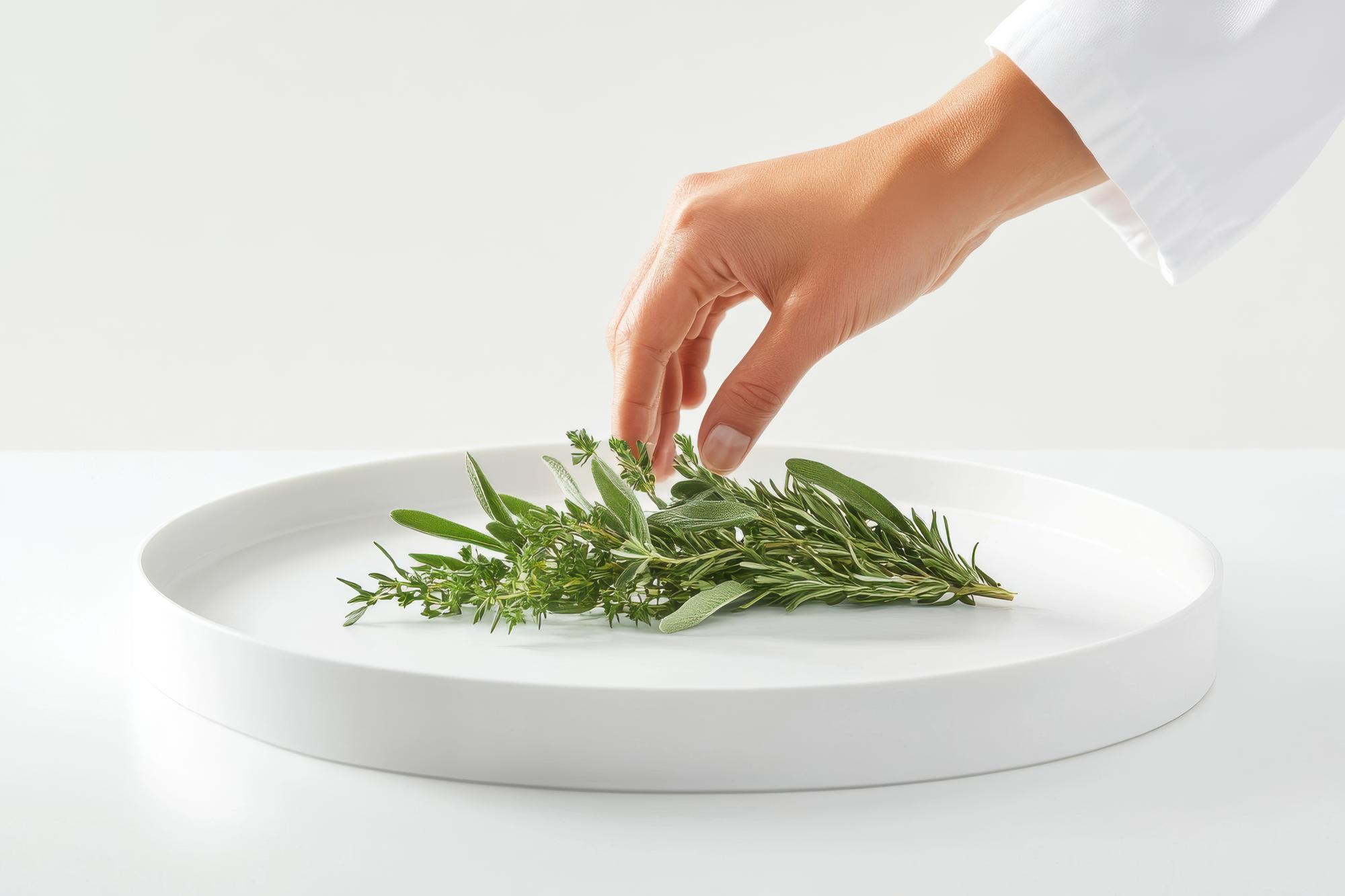 Hands garnishing a dish
